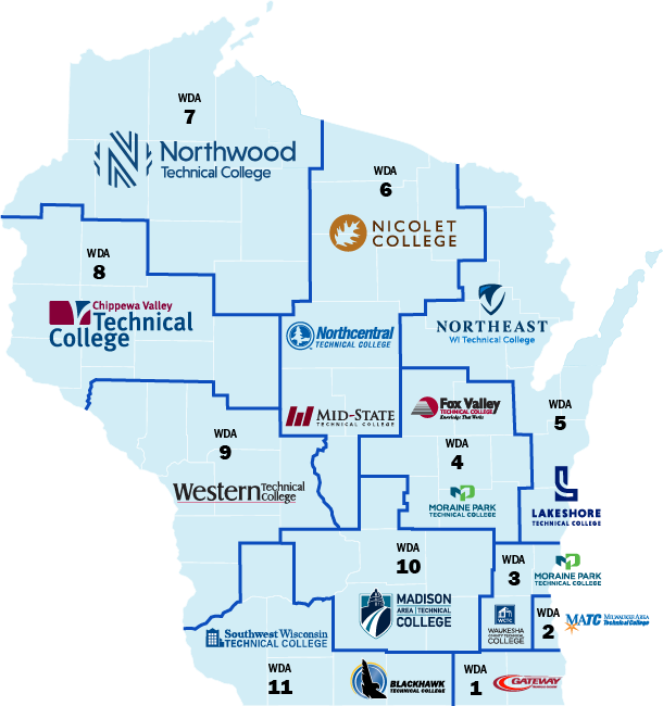  WDA map with DVR Liaison List for Wisconsin Technical Colleges